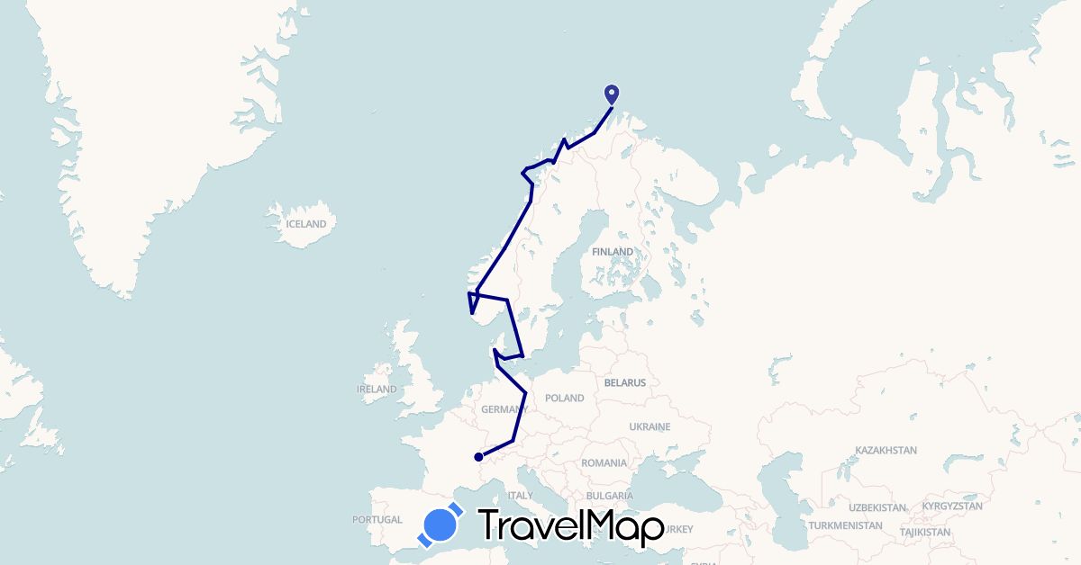 TravelMap itinerary: driving in Switzerland, Germany, Denmark, Norway, Sweden (Europe)